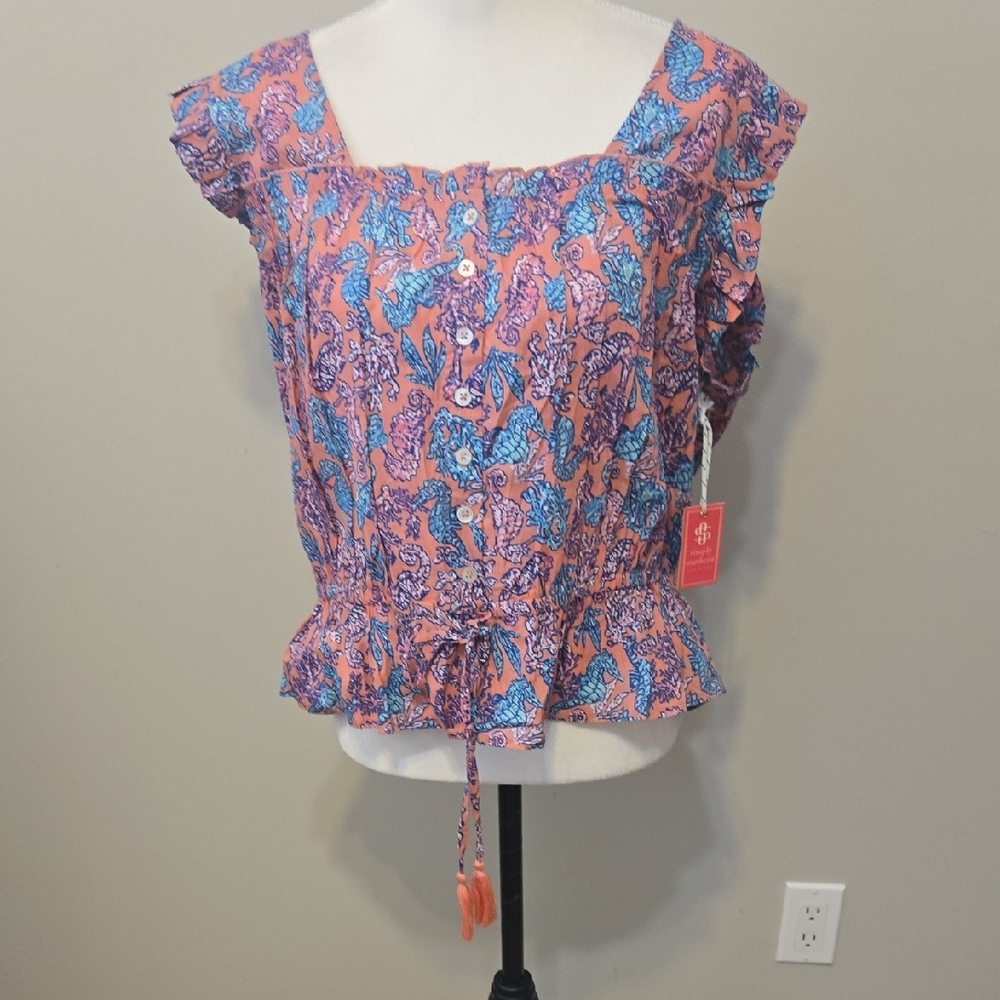 NEW NWT Simply Southern Pink and Blue Ruffled Blouse